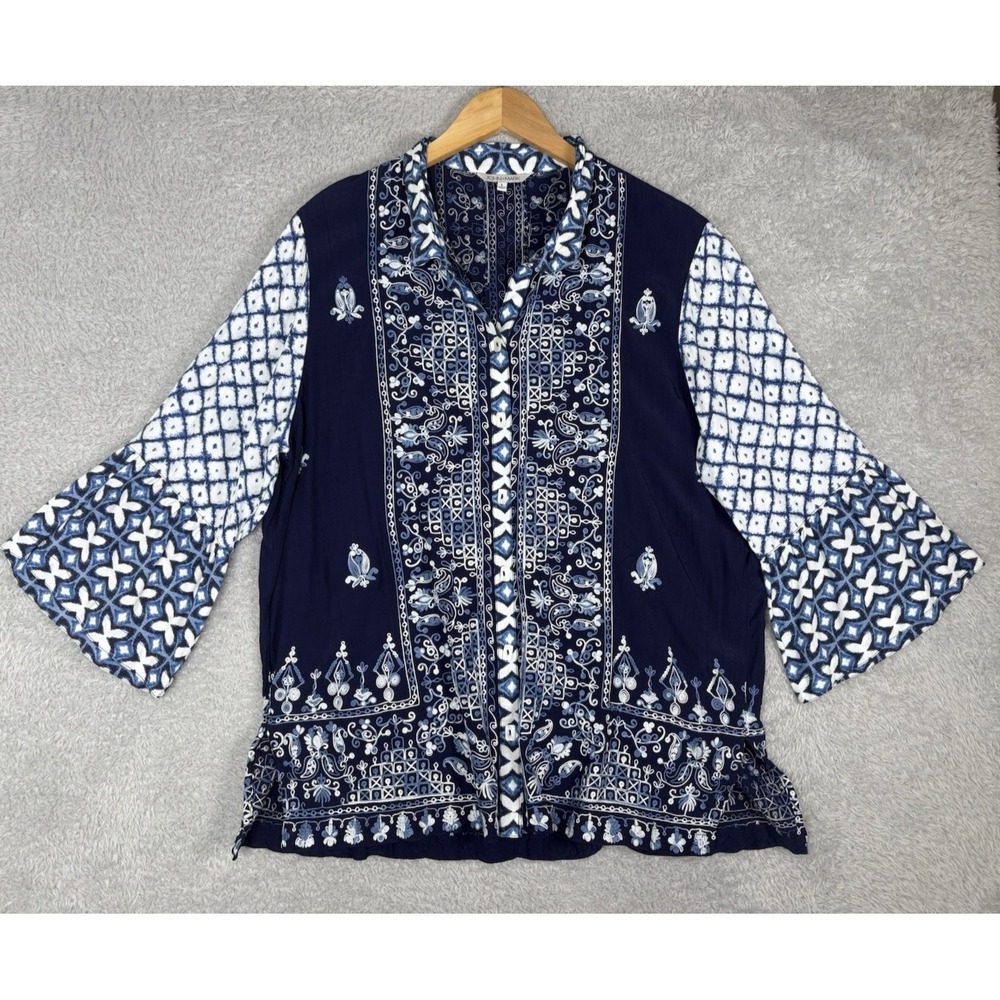 John Mark Womens L Blue Embroidered Tunic Top Boho Paisley Button Up Wire Collar